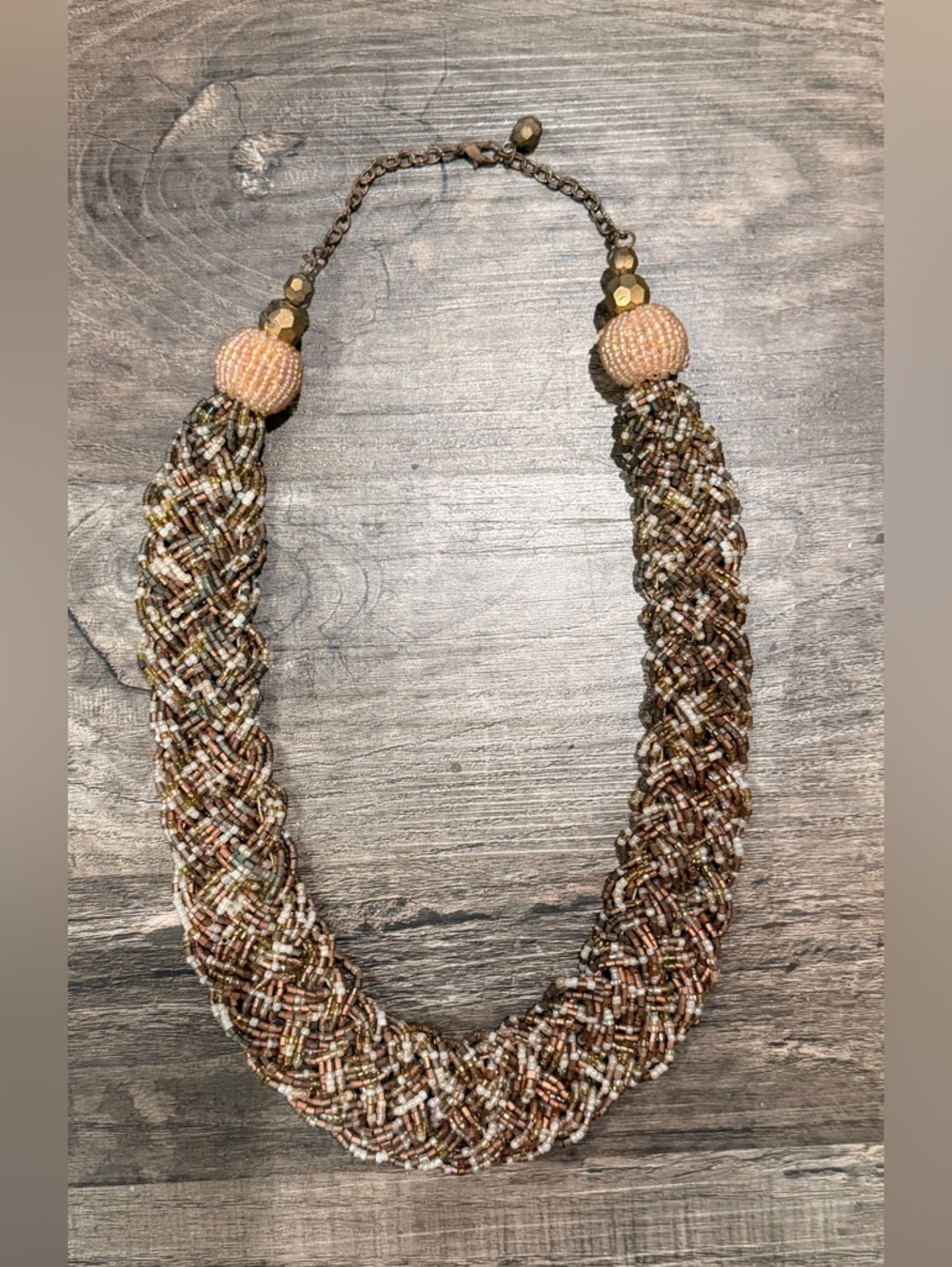 Vintage Seed Bead Braided Necklace Gold Bronze Light Pink Tones Jewelry